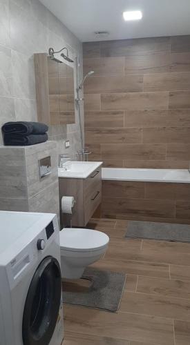 a bathroom with a toilet and a sink and a washing machine at Jaukūs apartamentai centre in Šiauliai