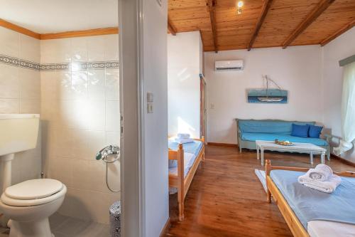 a bathroom with a toilet and two beds in it at Carmine Olive Villa in Agia Pelagia
