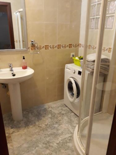 y baño con lavabo y lavadora. en Apartamento Parque de Quevedo, en León