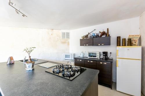 uma cozinha com um balcão preto e um frigorífico branco em Blockhaus 44 em Ver-sur-Mer