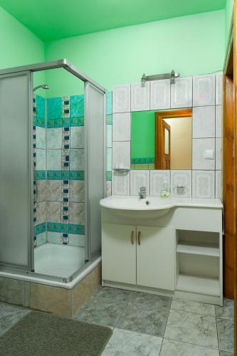 ein Badezimmer mit Dusche, Waschbecken und Spiegel in der Unterkunft Zagroda Chłopska in Gosław