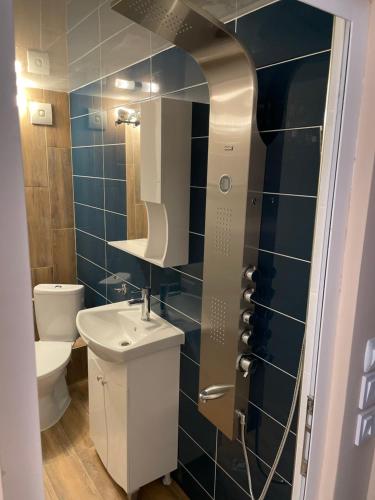 a bathroom with a toilet and a sink and a mirror at Family Hotel Malibu in Chernomorets