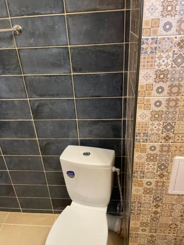 a white toilet in a bathroom with black tiles at Family Hotel Malibu in Chernomorets