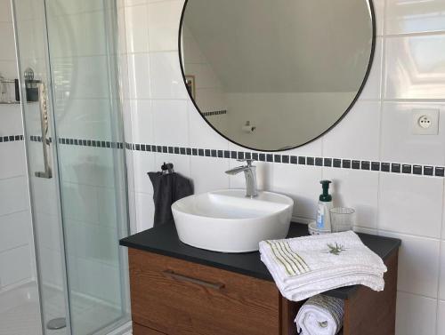 a bathroom with a sink and a mirror at Le chemin de la Loire in Amboise