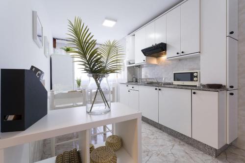 una cocina con armarios blancos y un jarrón con una planta en Apartamentos Luisa, en Arzúa