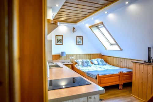 a kitchen with a bed and a sink in a room at U Króla in Kościelisko