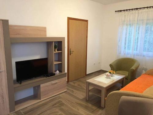 - un salon avec une télévision, un lit et une table dans l'établissement Apartman Čičković, à Bijela
