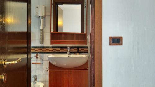 a bathroom with a sink and a mirror at HG Hotel Italia in Brusson