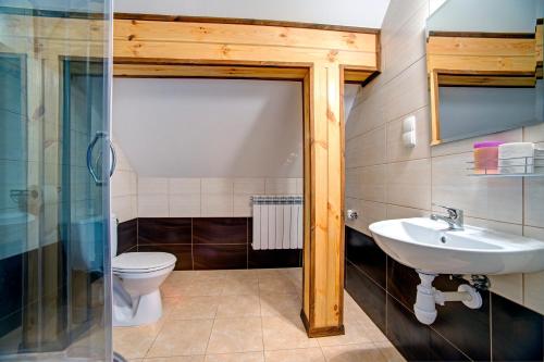 a bathroom with a toilet and a sink and a shower at Noclegi Dwór Szlachecki Biedaczów in Biedaczów