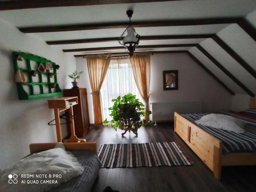 a bedroom with a bed and a large window at Casa Lucia in Dămuc