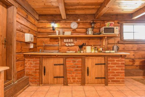 a kitchen with wooden walls and a counter in a cabin at Private house surrounded by woods and lake in Kalviškiai
