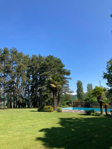 a large grass field with trees and a swimming pool at Hotel Conti Formentini in San Floriano del Cóllio