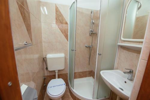 a bathroom with a shower and a toilet and a sink at Pansion Čirjak in Sveti Filip i Jakov