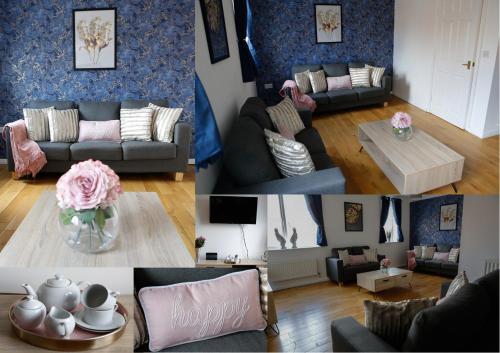 een collage van vier foto's van een woonkamer bij Foster house in Gateshead