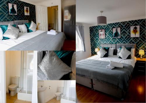 een collage van foto's van een slaapkamer met een bed en een badkamer bij Foster house in Gateshead