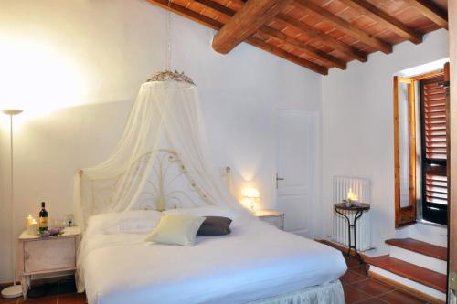 a bedroom with a white bed with a canopy at Agriturismo La Camporena in Greve in Chianti