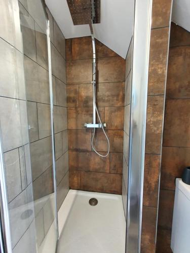 a shower with a glass door in a bathroom at Lodge de la Gare Vue Cathédrale in Rouen