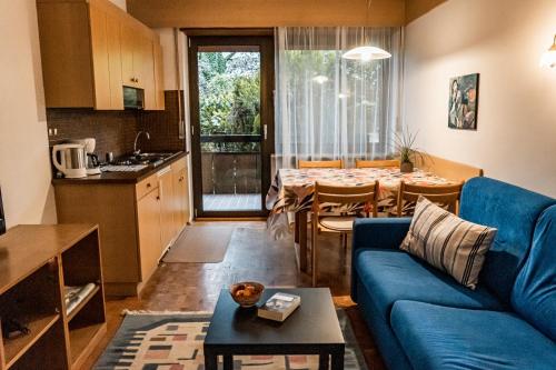 a living room with a blue couch and a table at Residence Greymold in Rifiano
