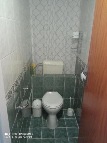 a bathroom with a toilet and a green tiled floor at Akác Vendégház in Eger