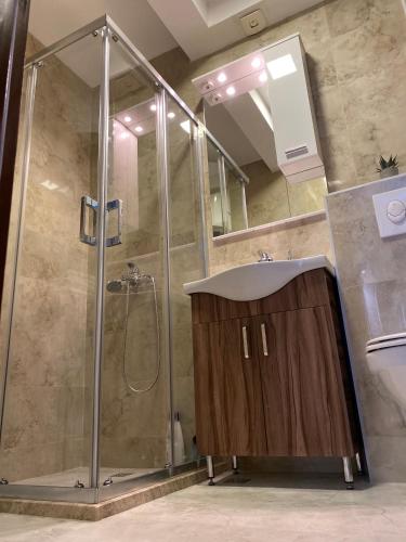 a bathroom with a sink and a shower at Studio apartman Holiday in Tivat