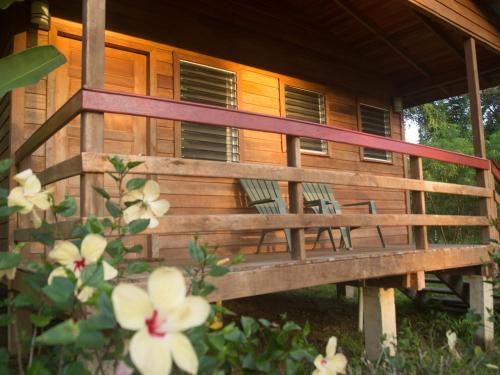 a porch of a wooden house with some flowers at Tanager RainForest Lodge in Big Falls