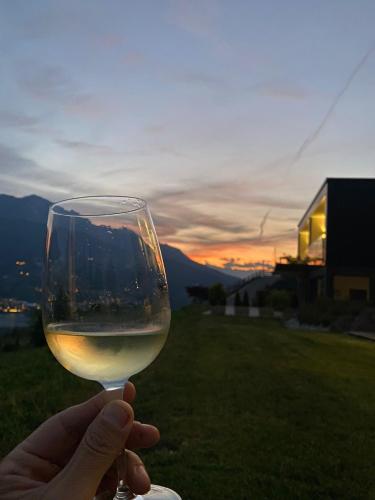 a person holding a glass of wine with the sunset in the background at AGRITUR SEDICI - Bed and Breakfast in Tenna 