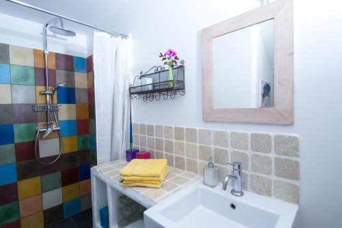 a bathroom with a sink and a mirror and a shower at House With Garden And Sea View in La Londe-les-Maures