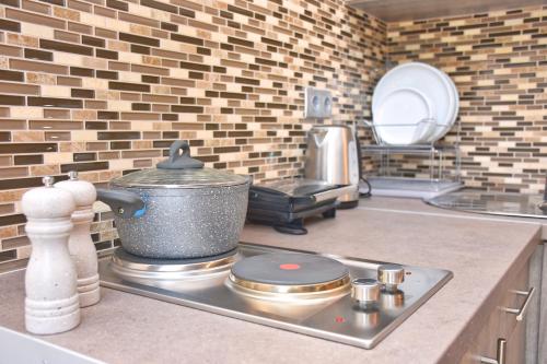 a kitchen counter with a pot on a stove at Villa Marinos in Kavos
