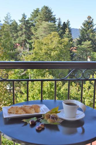 a blue table with a plate of food and a cup of coffee at Hotel Oreades in Elati Trikalon