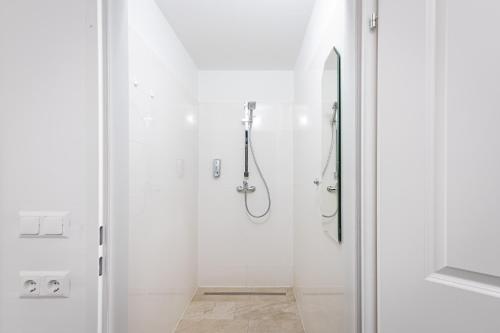 a white bathroom with a shower and a mirror at Space Home Apartment - Inner City in Vienna