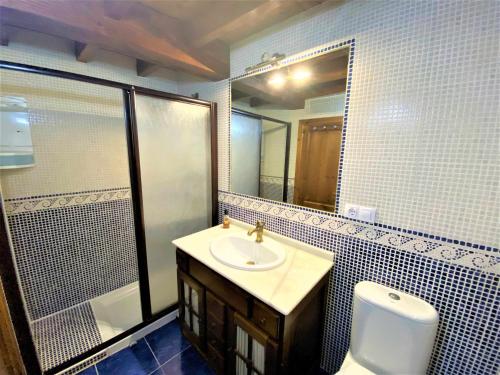 a bathroom with a sink and a toilet and a mirror at La Casina de Orfeo Cuenco Cangas de Onís VV-1901-A in Cangas de Onís