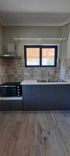 a large kitchen with a sink and a window at Villa Bella Vista in Marathias