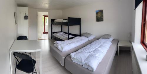 a living room with two beds and a desk at Oasen Samsø in Nordby
