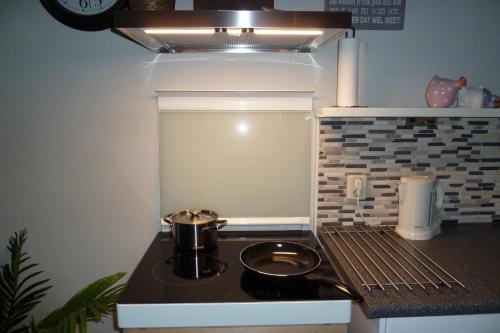 a small kitchen with a stove with a pot on it at Bed&Breakfast Hoornaar in Hoornaar