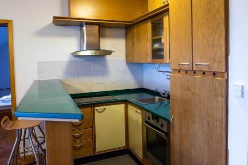 cocina con armarios de madera y encimera verde en Comfortable apartment in Terme Banovci Spa, en Veržej