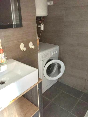 une salle de bain avec un lavabo et une machine à laver dans l'établissement Studio charmant à Cervione avec piscine partagée - 30 m², à Cervione