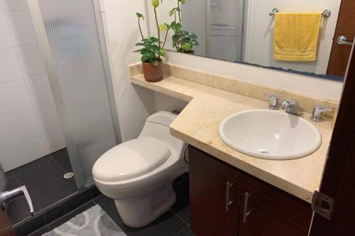 a bathroom with a toilet and a sink and a mirror at Palermo, Acogedor apartamento en Zona Rosa in Manizales