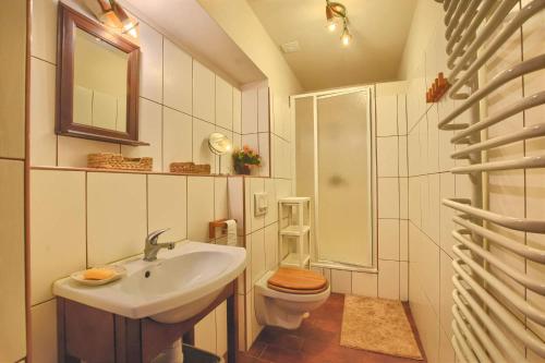 W łazience znajduje się umywalka, toaleta i lustro. w obiekcie Forte & Piano w Brennie