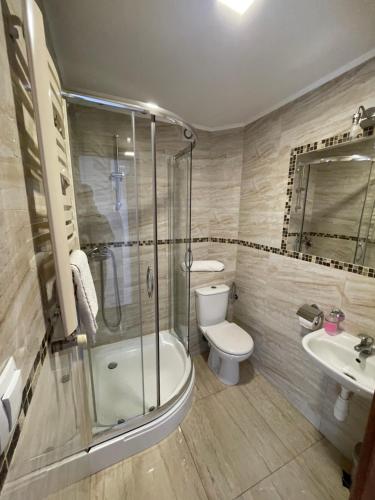 a bathroom with a shower and a toilet and a sink at Hotelik Gold in Raszyn