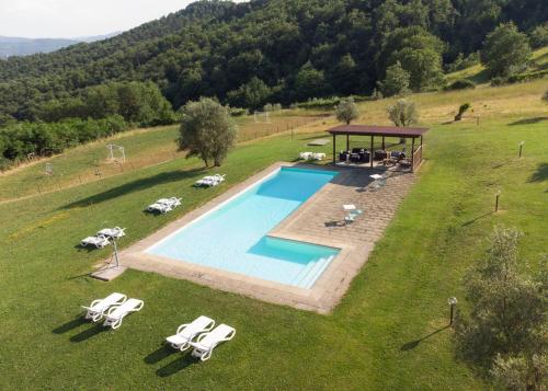 an aerial view of a swimming pool in a field with lounge chairs at Country House La Casa Paterna in Monte Santa Maria Tiberina