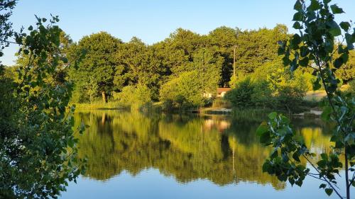 a view of a lake with trees in the background at Exclusive countryside retreat with private lake in Montrollet