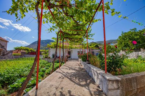 ein Garten mit roten Stangen in einem Gemüsegarten in der Unterkunft Apartman Bokić in Trebinje