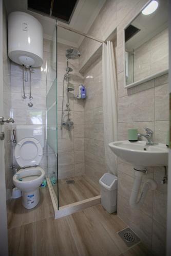 een badkamer met een douche, een toilet en een wastafel bij Apartman Bokić in Trebinje