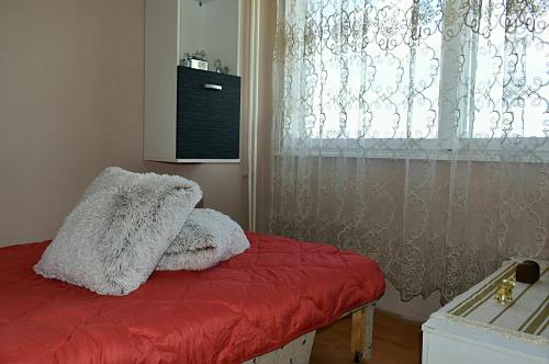 a bedroom with a red couch and a window at Apartman M Bubanj in Kragujevac
