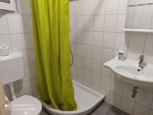 a bathroom with a green shower curtain and a sink at Hacienda Bled Rooms in Bled