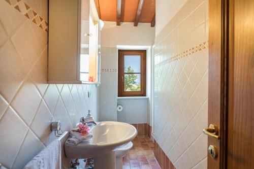 Un baño blanco con lavabo y espejo. en Agriturismo Casa al Bosco, en Volterra