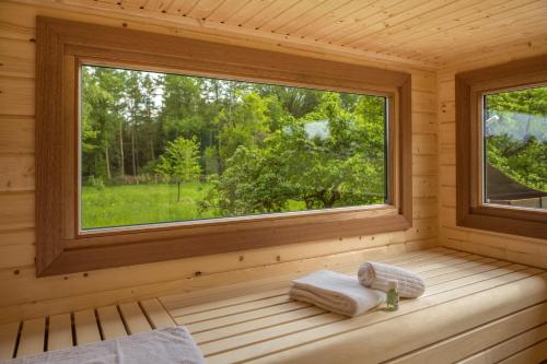 a sauna with a window and two towels at Landhaus Bockelmann, Natur trifft Komfort in Bispingen