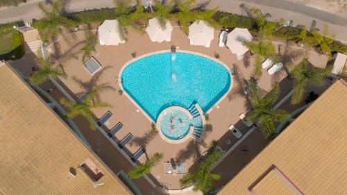 an overhead view of a large swimming pool with palm trees at Residence Fronte Mare in Santa Maria del Focallo