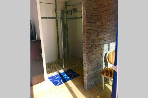 a shower in a room with a stone wall at Villa Lilly 2 piscine et jardin privé 8 chambres in Pierry