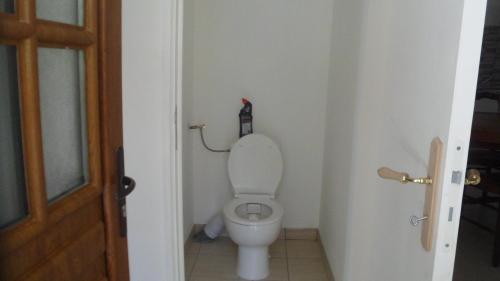 a bathroom with a toilet with the lid up at siros in Iron